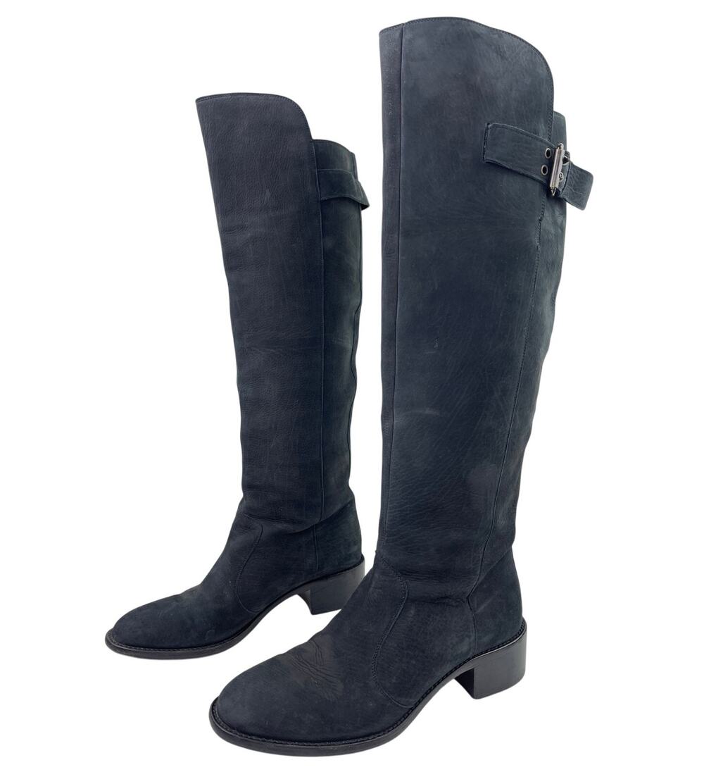 FENDI Black Nubuck Leather Knee High Riding Boots Almond Toe Heel Size 38 ITALY